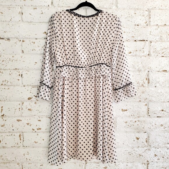 Max Studio Polka Dot Peplum V Neck Ruffle Dress Lace Trim Elastic Waist Sz L - Picture 2 of 13